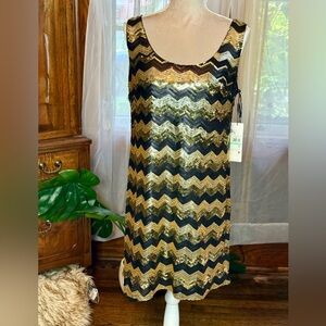 Calvin Klein Black & Gold Chevron Sequin Dress